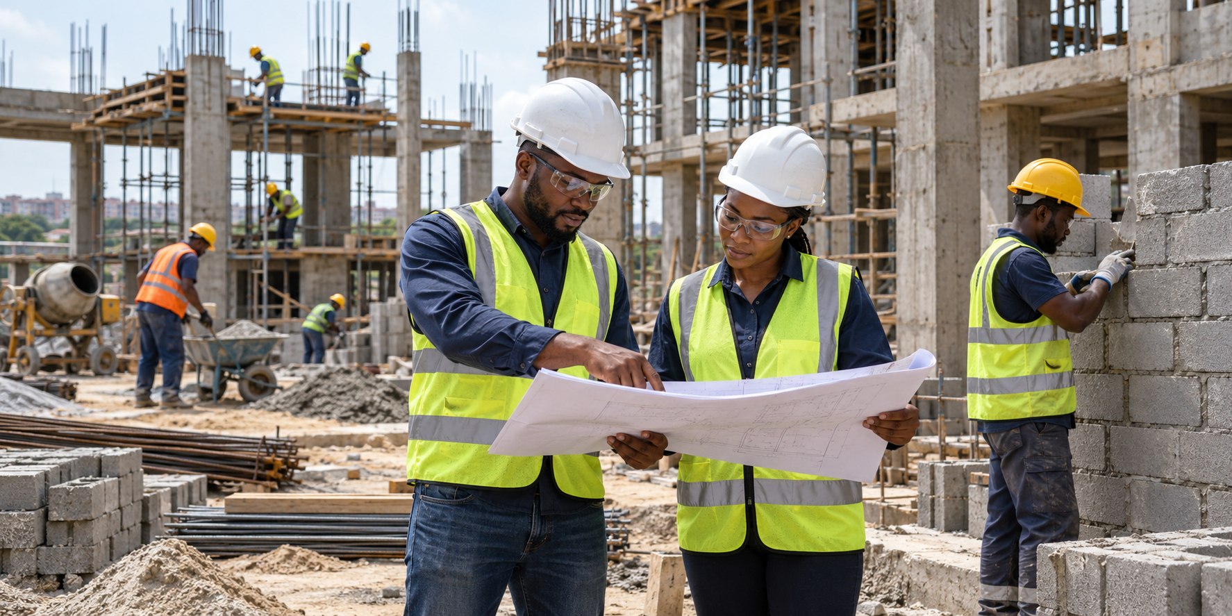 African construction professionals in safety equipment reviewing plans and building on an active site