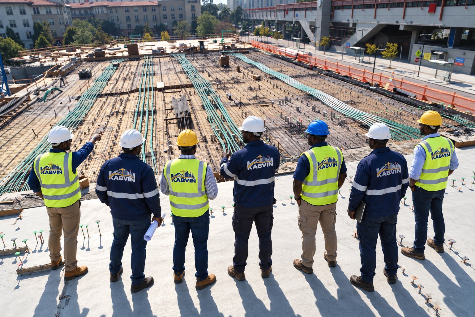 African construction professionals inspecting a building site with Kabvin logos on their jackets