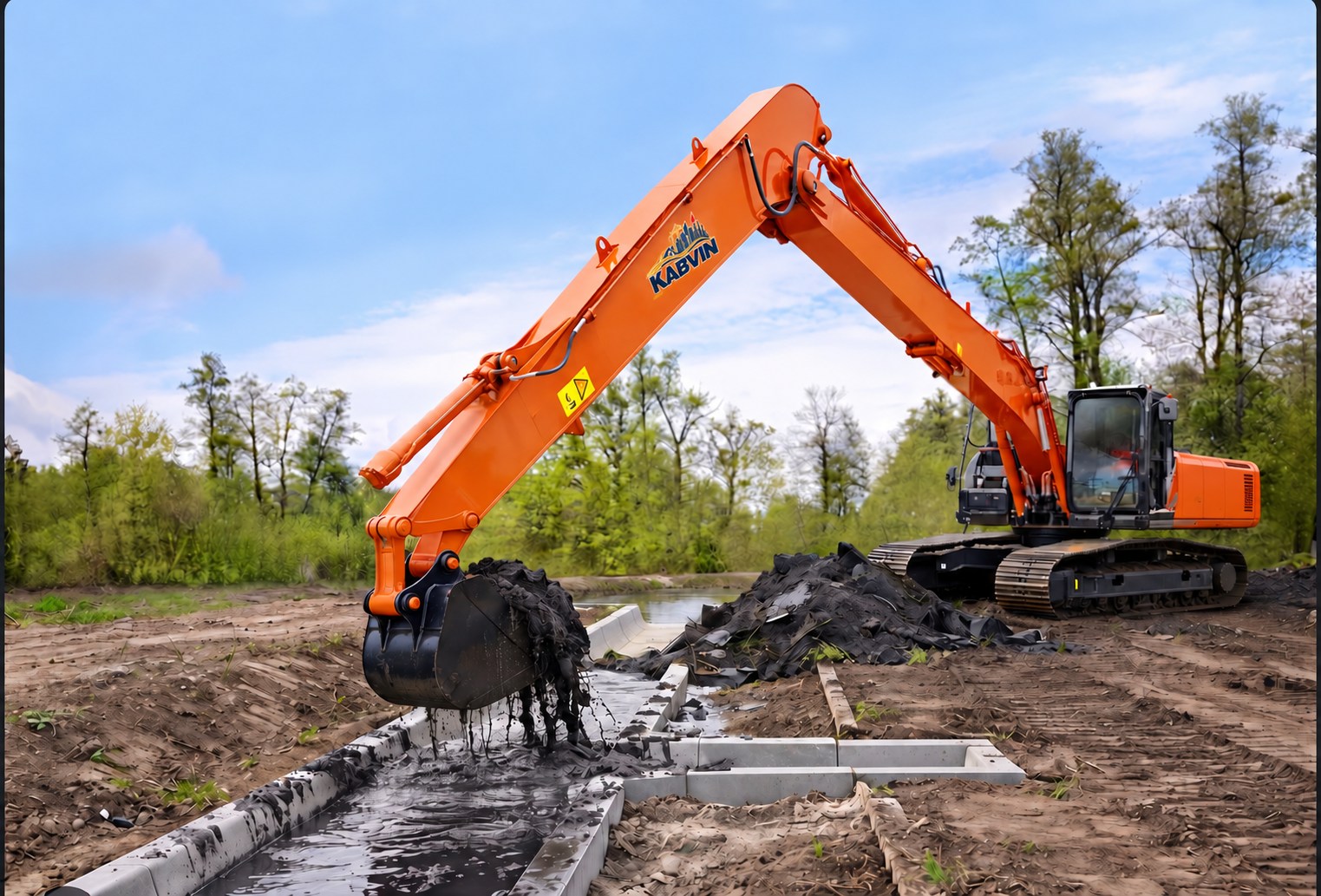 Orange excavator with a small Kabvin logo on its arm clearing a concrete drainage channel