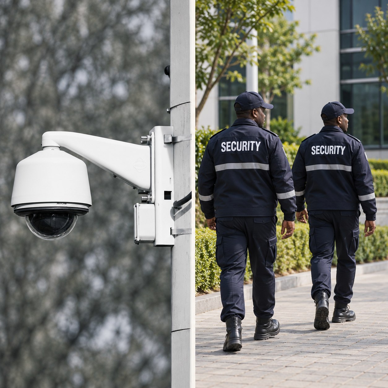 CCTV camera beside security officers in navy jackets walking on patrol