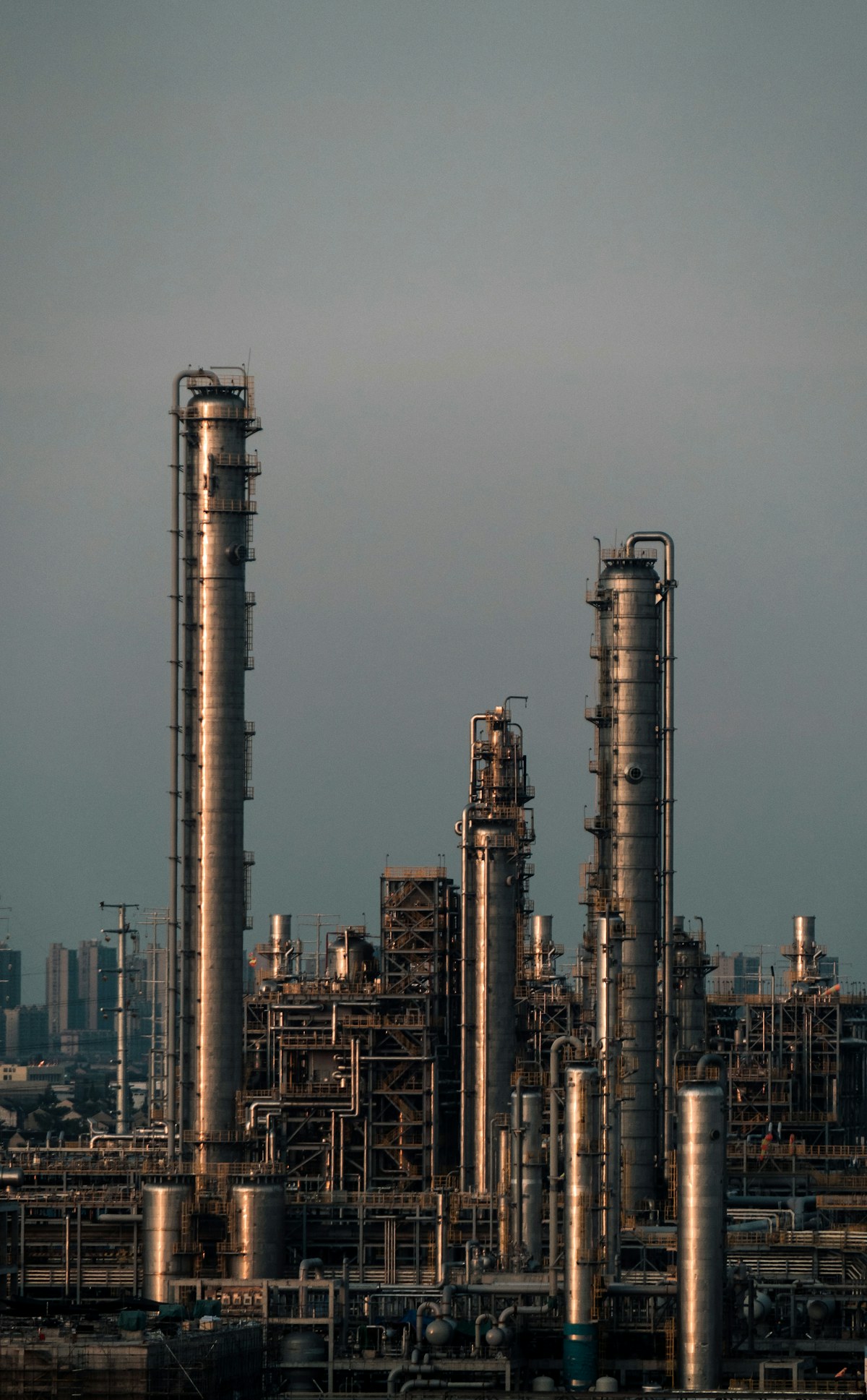 Oil refinery processing towers, pipework and industrial equipment